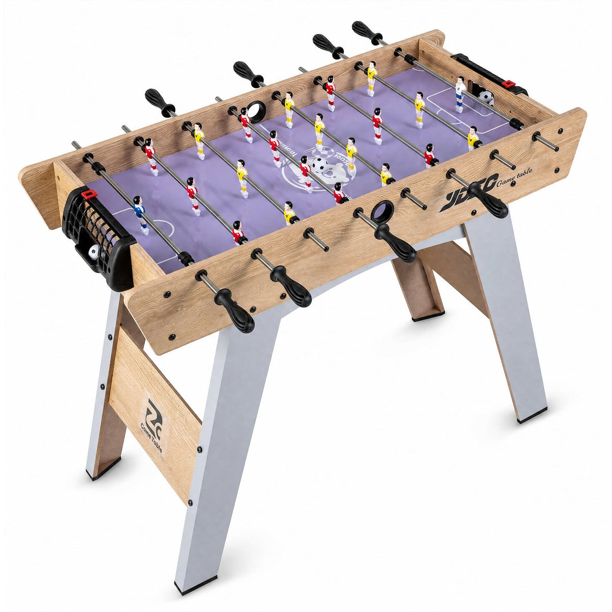 Foosball Table with Detachable Legs, a wooden game room table with metal legs and players