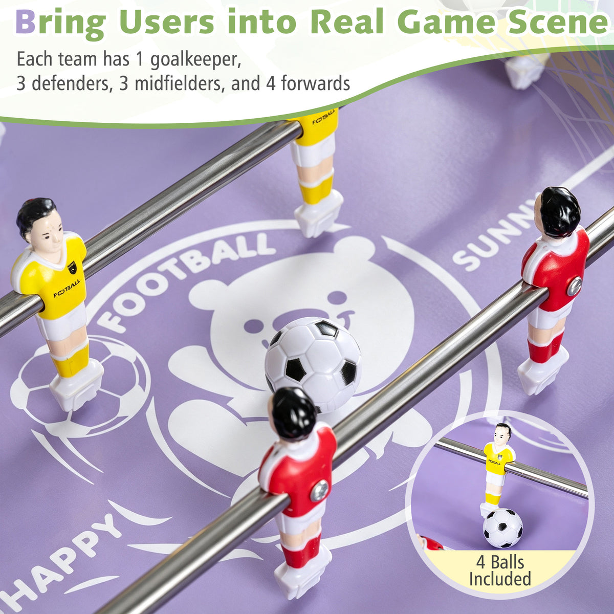 Close-up of the foosball players and balls on the playing surface