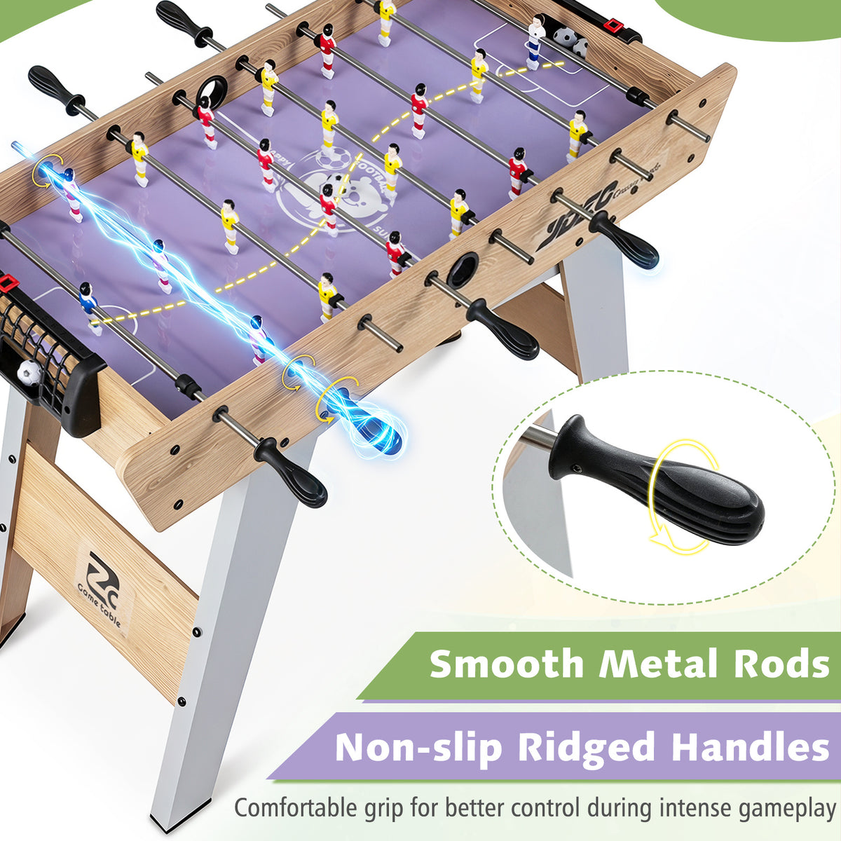 Close-up of the smooth metal rods on the foosball table