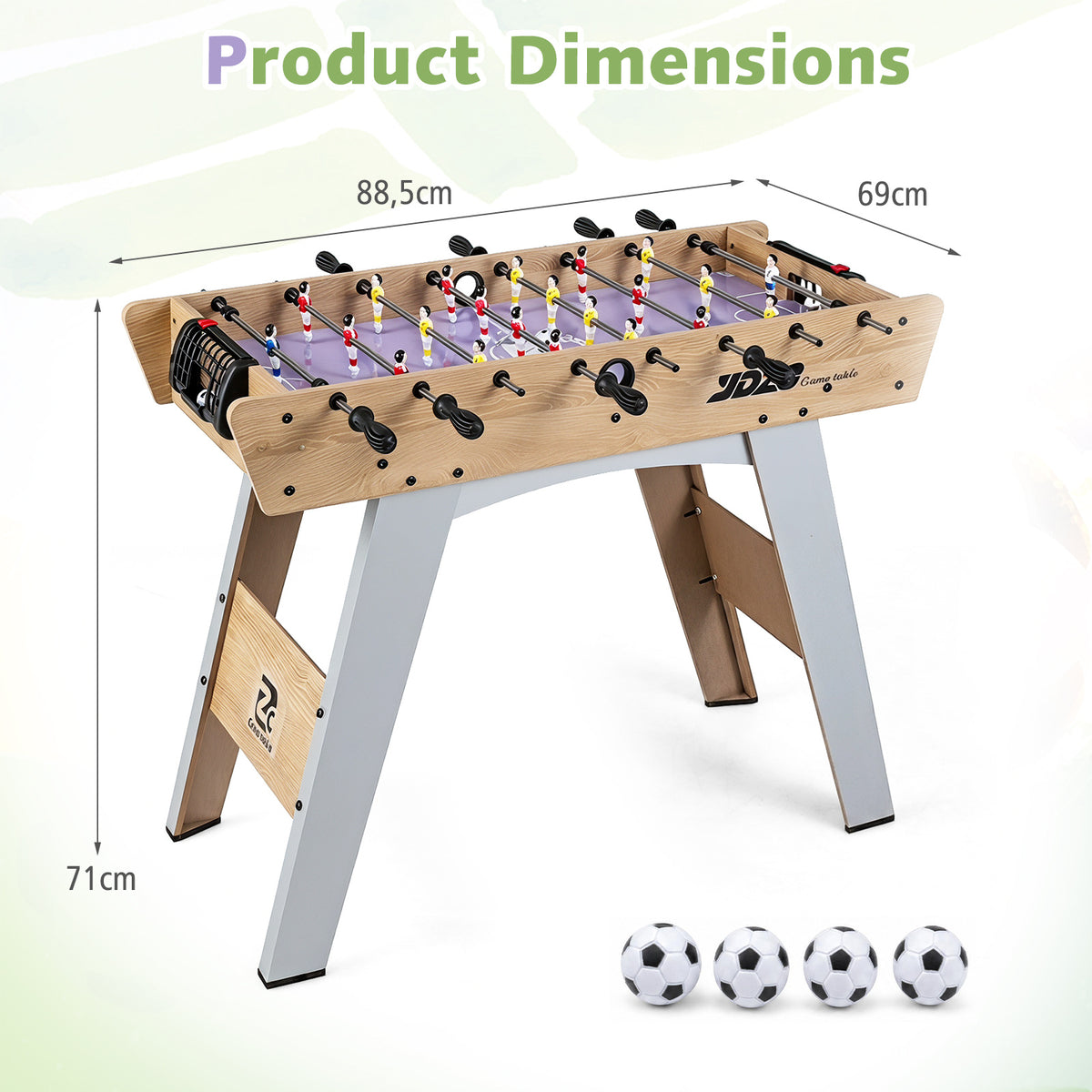 The foosball table with dimensions indicated, and four balls