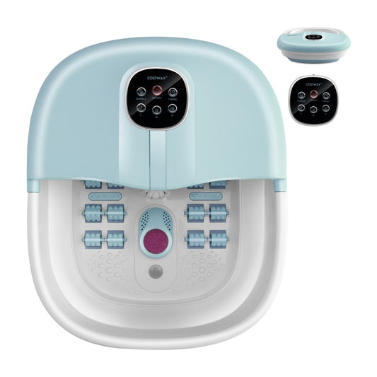 Foot Spa Bath Massager shown from above with the remote control and control panel detail