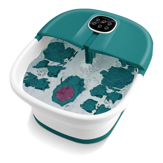 Foot Spa Bath Massager with teal blue lid and control panel showing bubbling water inside