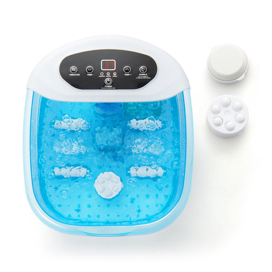 Foot Spa Massager with Removable Pedicure Stone-Blue, showing the top with water and bubbles, and the removable pedicure