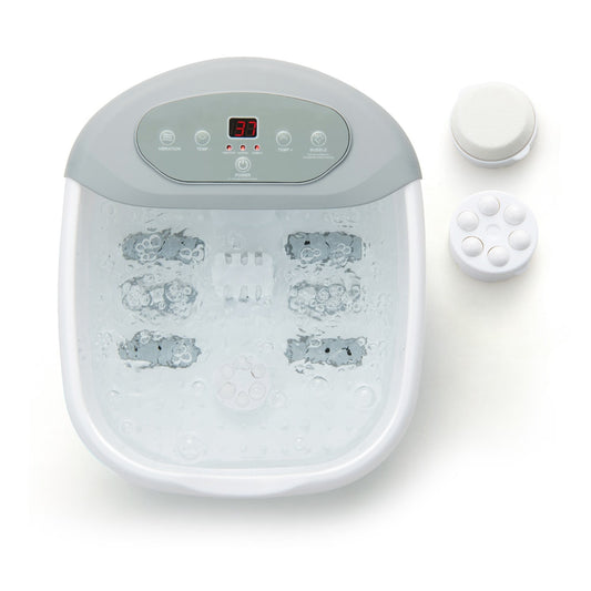 Foot Spa Massager with Removable Pedicure Stone shown from above with two attachments on the side