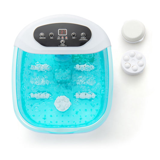 Foot Spa Massager with Removable Pedicure Stone-Lake Blue with two attachments on a white background