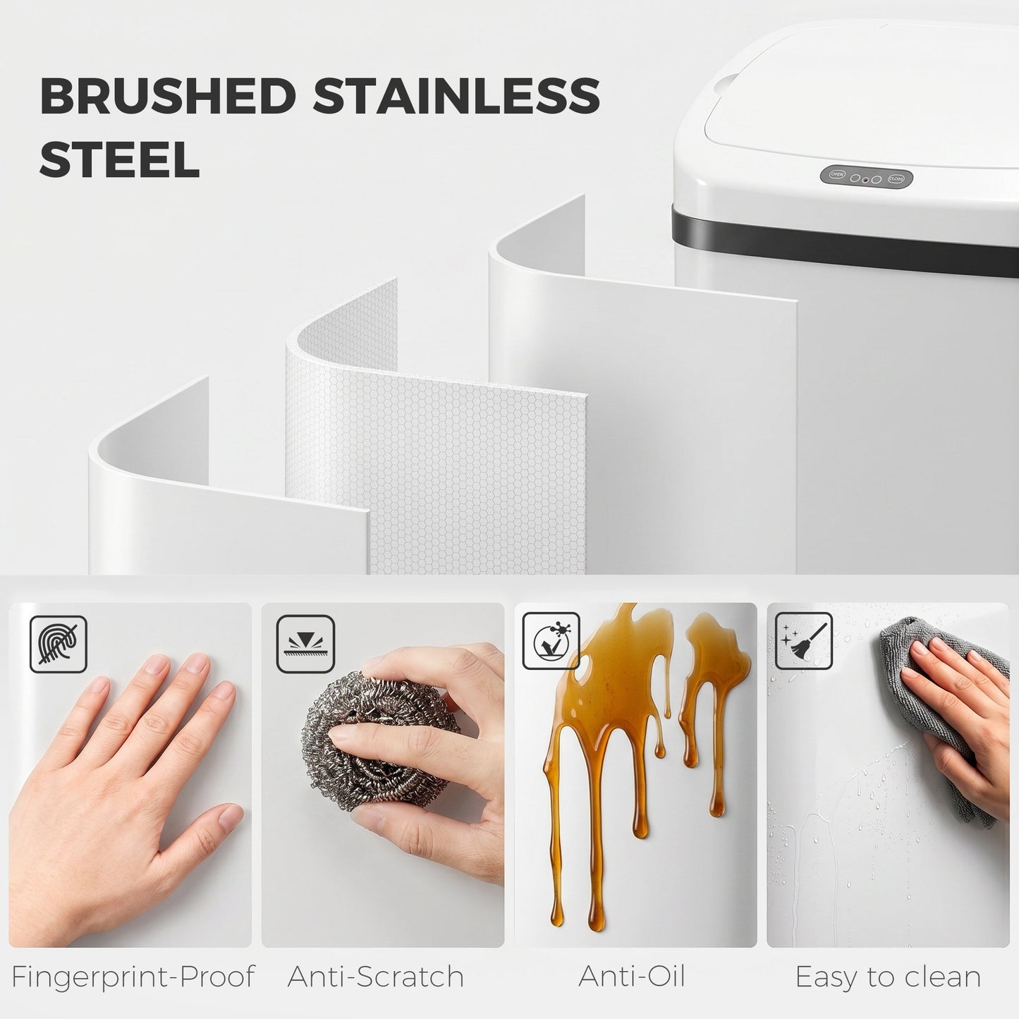 HOMCOM 48L Stainless Steel Sensor Bin - White