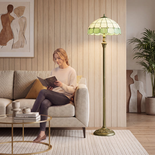 HOMCOM Tiffany-Style Floor Lamp with Handcrafted Stained Glass Shade in Bronze Tone and Green