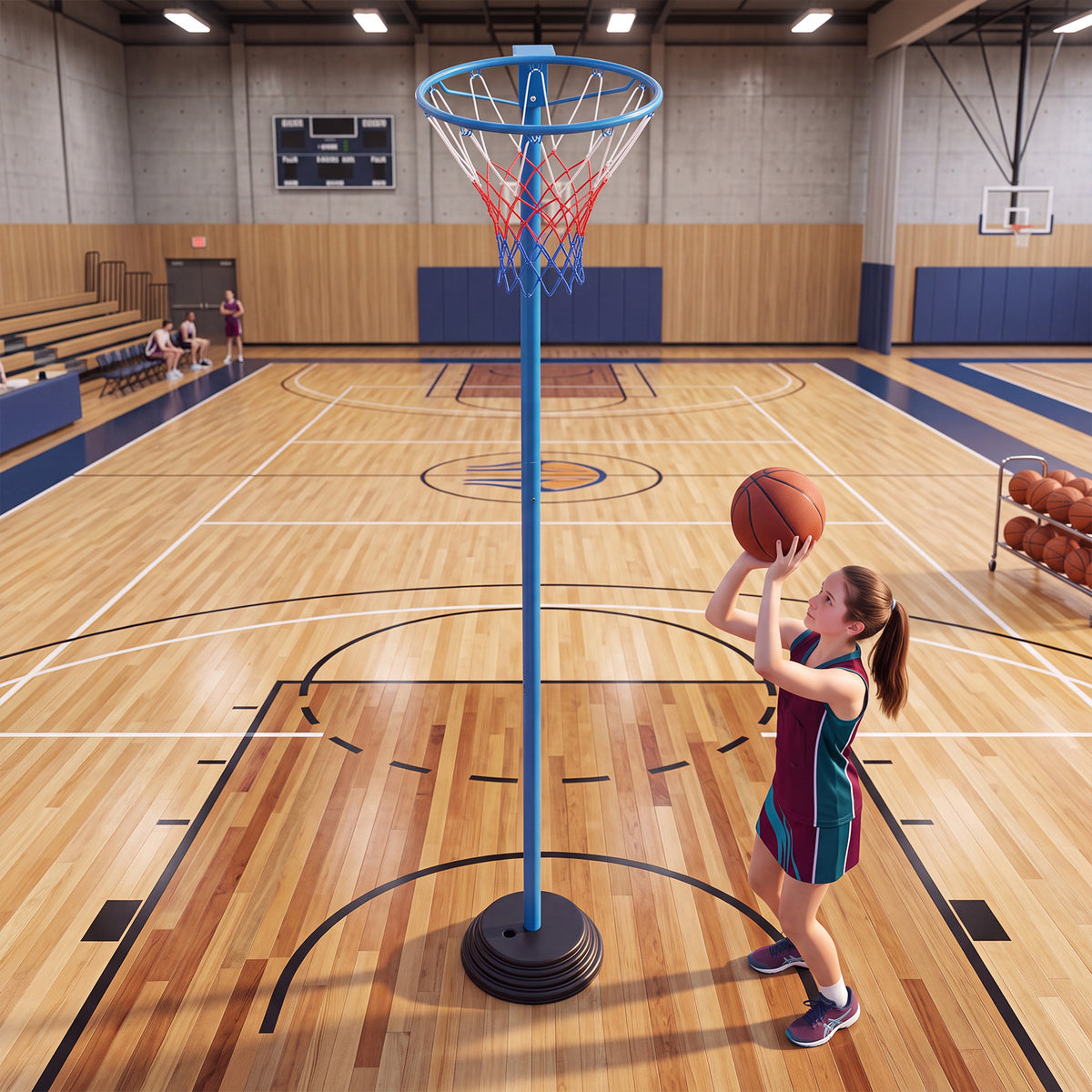 A girl practices shooting a basketball at a goal in a school gymnasium