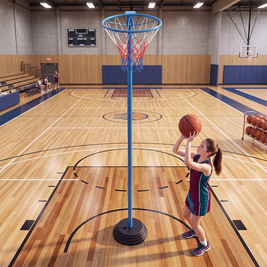 A girl practices shooting a basketball at a goal in a school gymnasium