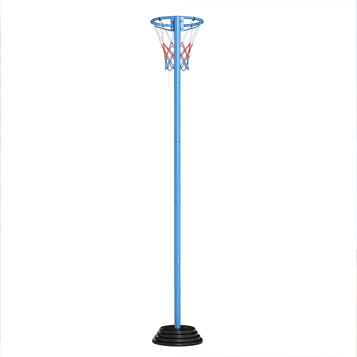 The blue basketball goal with a red and blue net stands on a black base