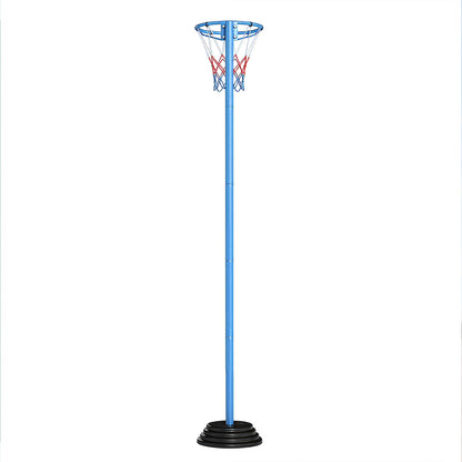 The blue basketball goal with a red and blue net stands on a black base