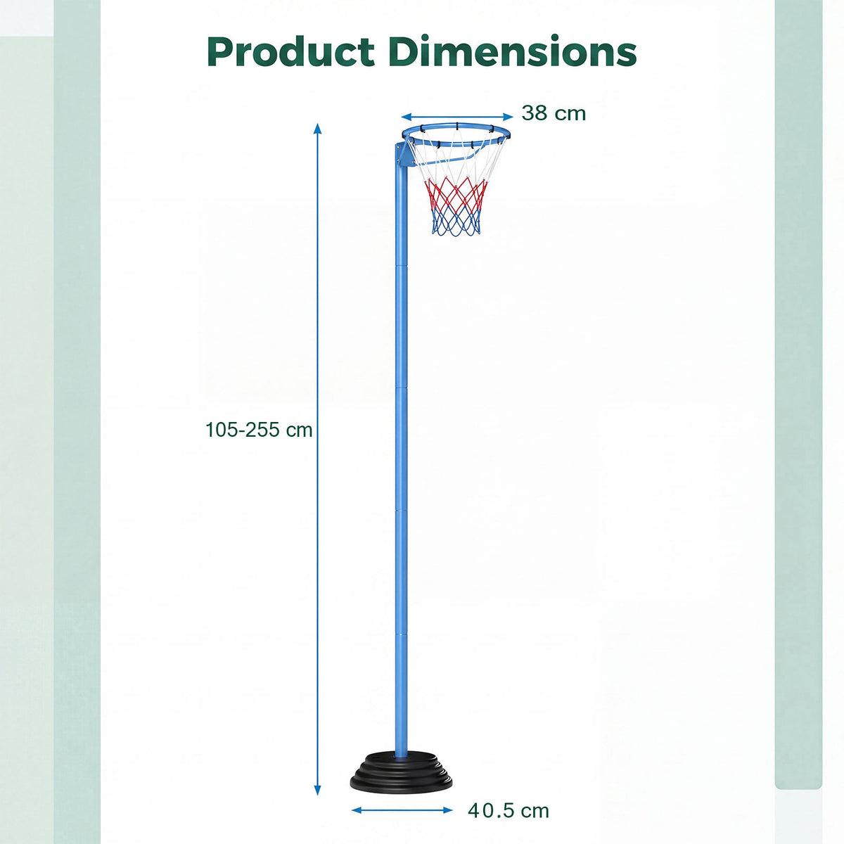 Diagram showing the dimensions of the basketball goal system