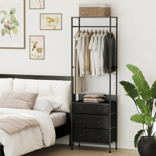 The black clothes rack with drawers shown in a bedroom next to a bed