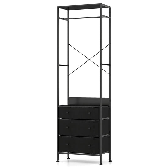 Freestanding Closet Organizer Clothes Rack with Drawers in black metal and fabric drawers
