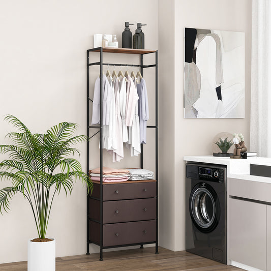 The clothes rack with drawers is shown in a laundry room setting next to a washing machine