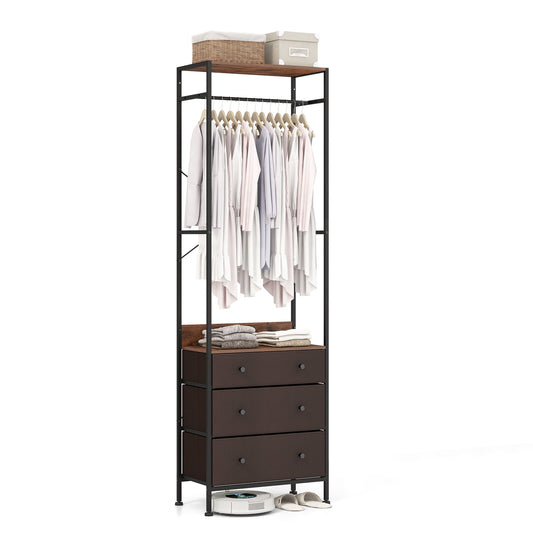 Freestanding Closet Organizer Clothes Rack with Drawers in rustic brown with clothes hanging and drawers below