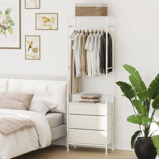 The white clothes rack with drawers shown in a bedroom setting with a bed and pictures on the wall