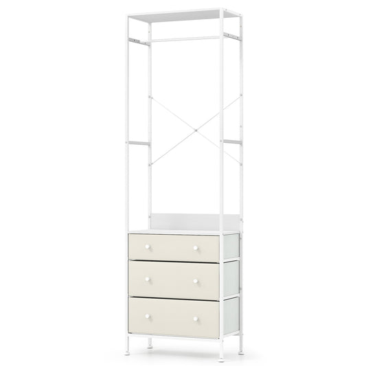 Freestanding Closet Organizer Clothes Rack with Drawers in white, a tall unit with a hanging rail and three drawers