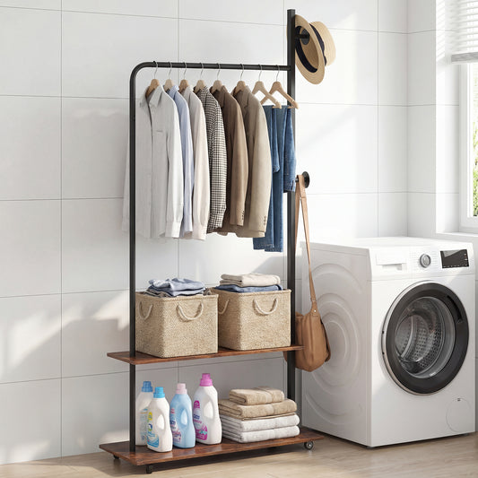 The shoe rack and storage bench in a utility room with a washing machine