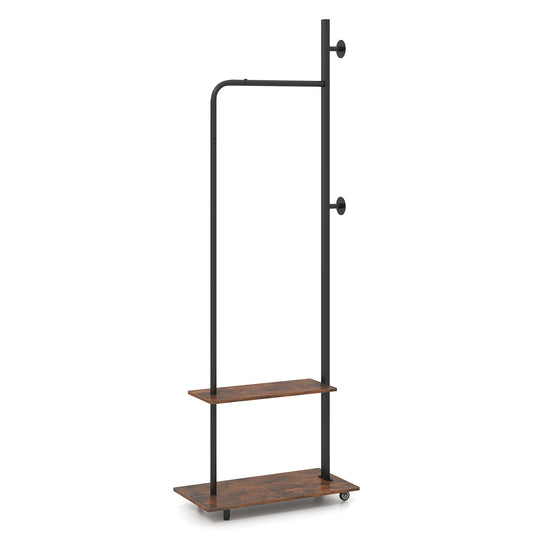 Freestanding Clothing Rack with Wheels and Hanging Rod in rustic brown finish