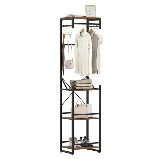 Freestanding Coat Rack Slim Hall Tree with hanging clothes and shoes on shelves