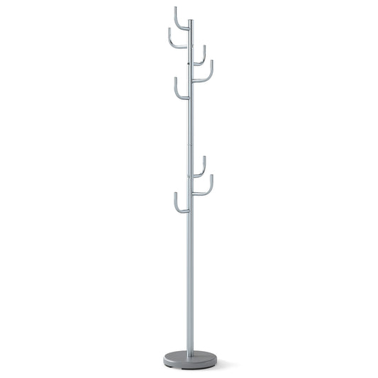 Freestanding Coat Rack in silver with a circular base and eight L-shaped hooks