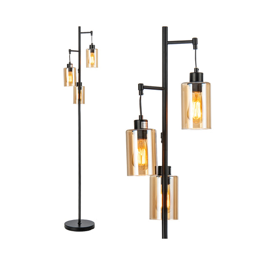 Freestanding Floor Lamp with 3-Head Hanging Amber Glass Shade showing the whole product on a white background