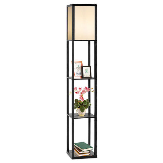 Freestanding Floor Lamp with 3-Tier Storage Shelf with a cream fabric shade and black frame with three shelves