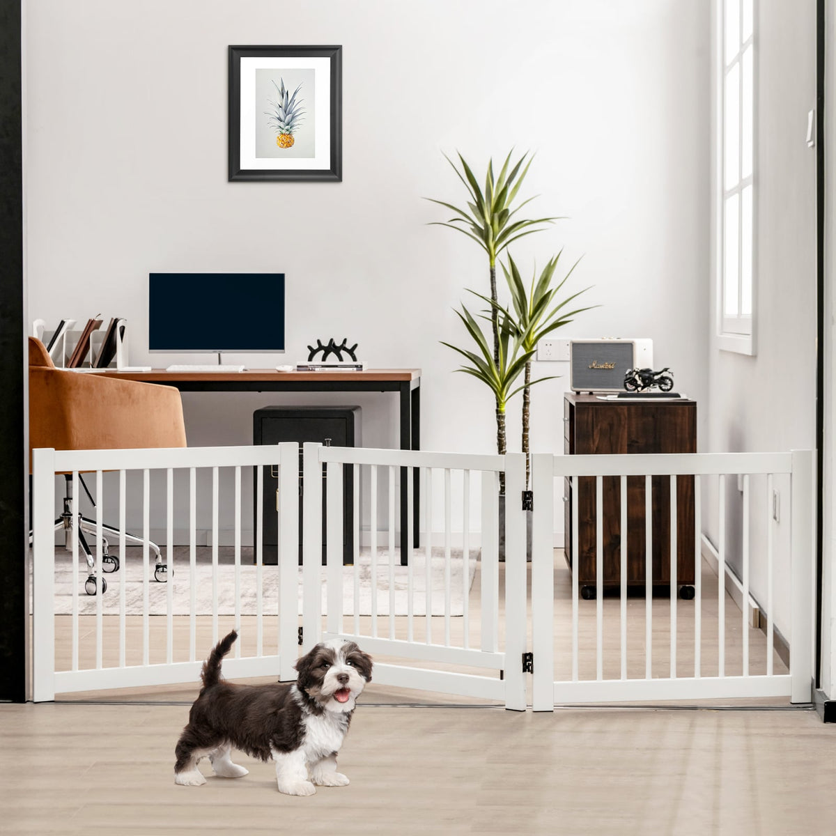 The pet gate is set up in a home office with a dog