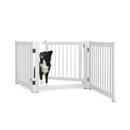 Freestanding Foldable Pet Gates with a dog looking over the top