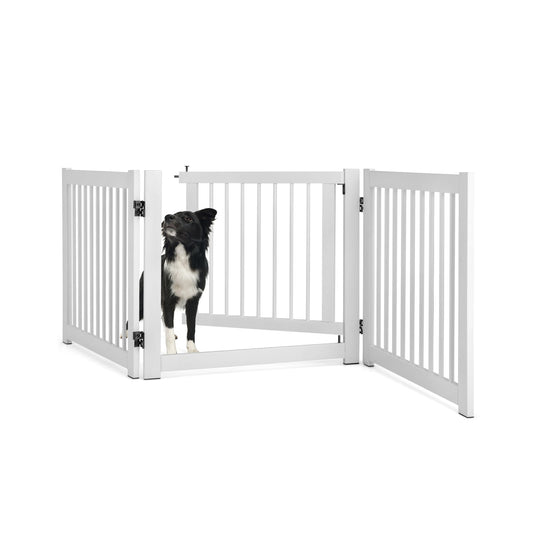 Freestanding Foldable Pet Gates with a dog looking over the top