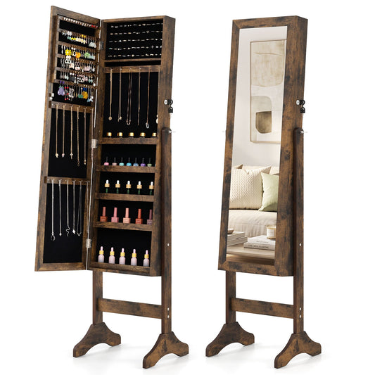 Freestanding Jewelry Armoire Cabinet with Full Length Mirror in rustic brown wood finish, open to show jewellery storage