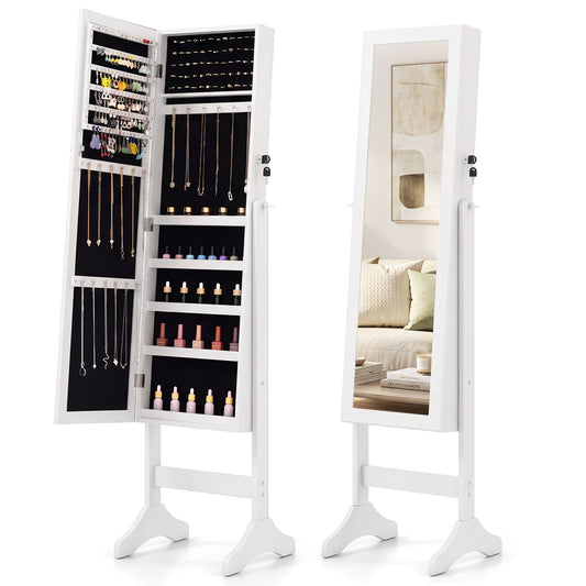 Freestanding Jewelry Armoire Cabinet with Full Length Mirror shown open and closed