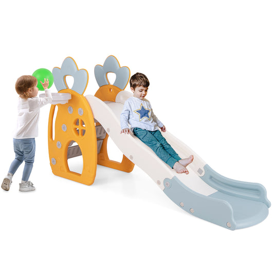 Freestanding Kids Slide with a boy sliding down and a girl playing with a ball by the hoop