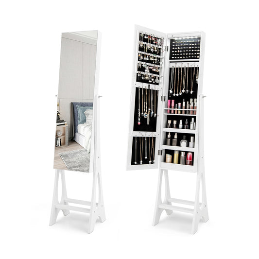 Freestanding Mirror Jewelry Cabinet with Full Length Frameless Mirror showing the cabinet open with jewellery inside