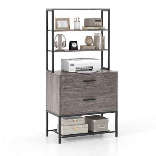 Freestanding Printer Stand with 3 open shelves and a large drawer in grey wood effect finish
