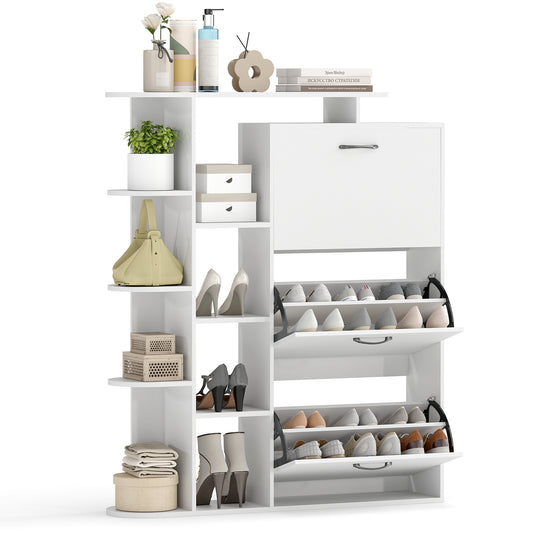 Freestanding Shoe Organizer with 3 flip drawers and adjustable shelves in white