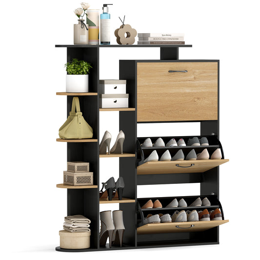 Freestanding Shoe Organizer with 3 flip drawers and 8 adjustable shelves in black and wood effect