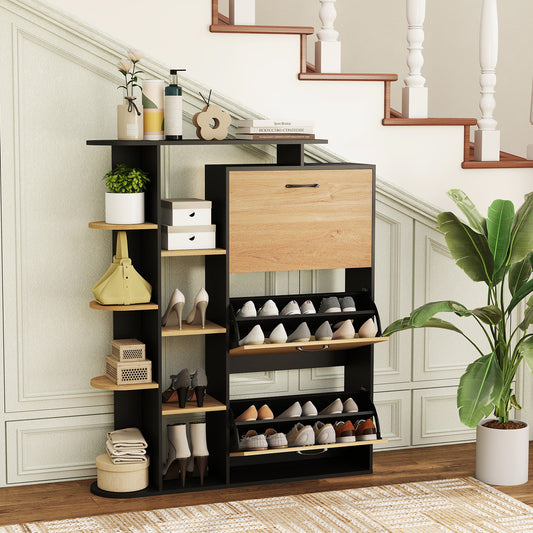 The shoe rack is shown in a hallway setting with shoes and accessories displayed