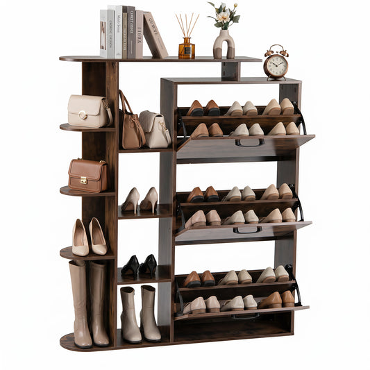 Freestanding Shoe Organizer filled with various shoes and handbags on a plain white background