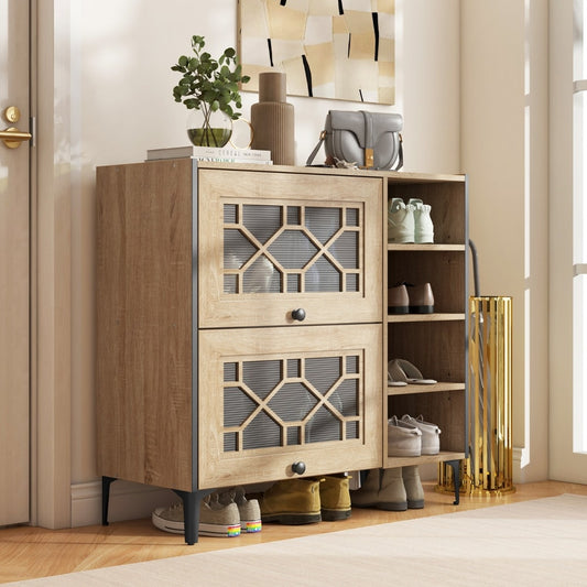 Oak shoe storage cabinet with flip doors and open shelves, shown in a hallway with shoes