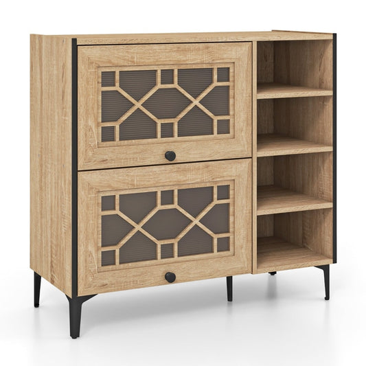 Freestanding Shoe Organizer with Flip Doors Adjustable Shelves in oak finish with decorative glass panels