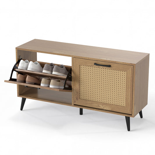 Freestanding Shoe Storage Cabinet with one open flip drawer showing shoes and a rattan door