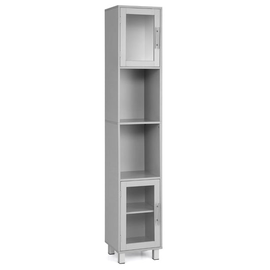 Freestanding Slim Wooden Bathroom Cabinet with Tempered Glass Doors in grey