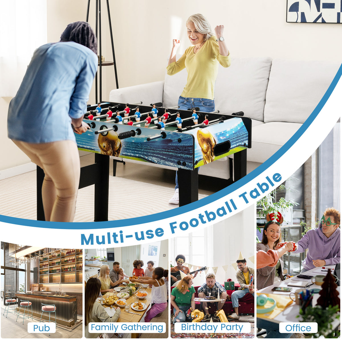 Collage showing the football table being used in various social settings