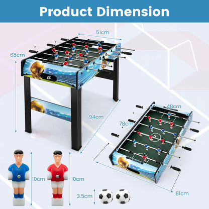Technical diagram showing the dimensions of the football table and its parts