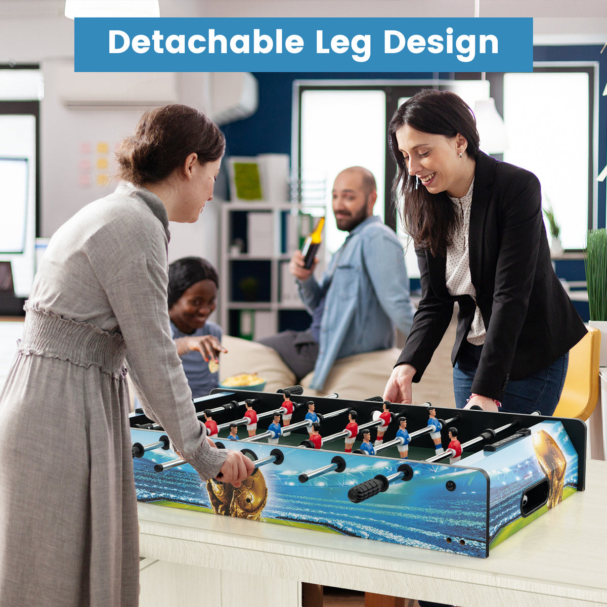 The football table placed on a table without its legs for tabletop play