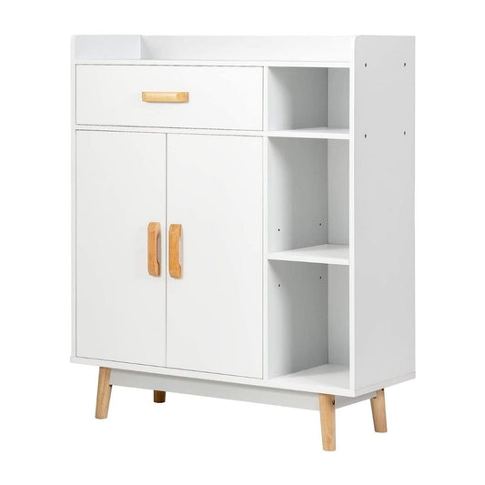 Freestanding Wooden Bookcase with Drawer and Adjustable Shelves, a white cabinet with two doors, a drawer and open shelves