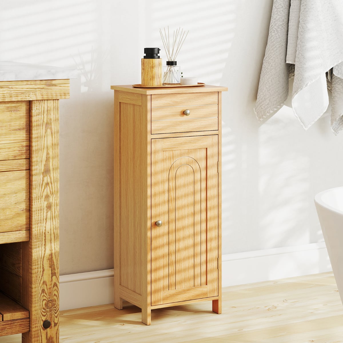 Freestanding Bathroom Storage Cabinet with Door Drawer and Adjustable Shelves-Natural