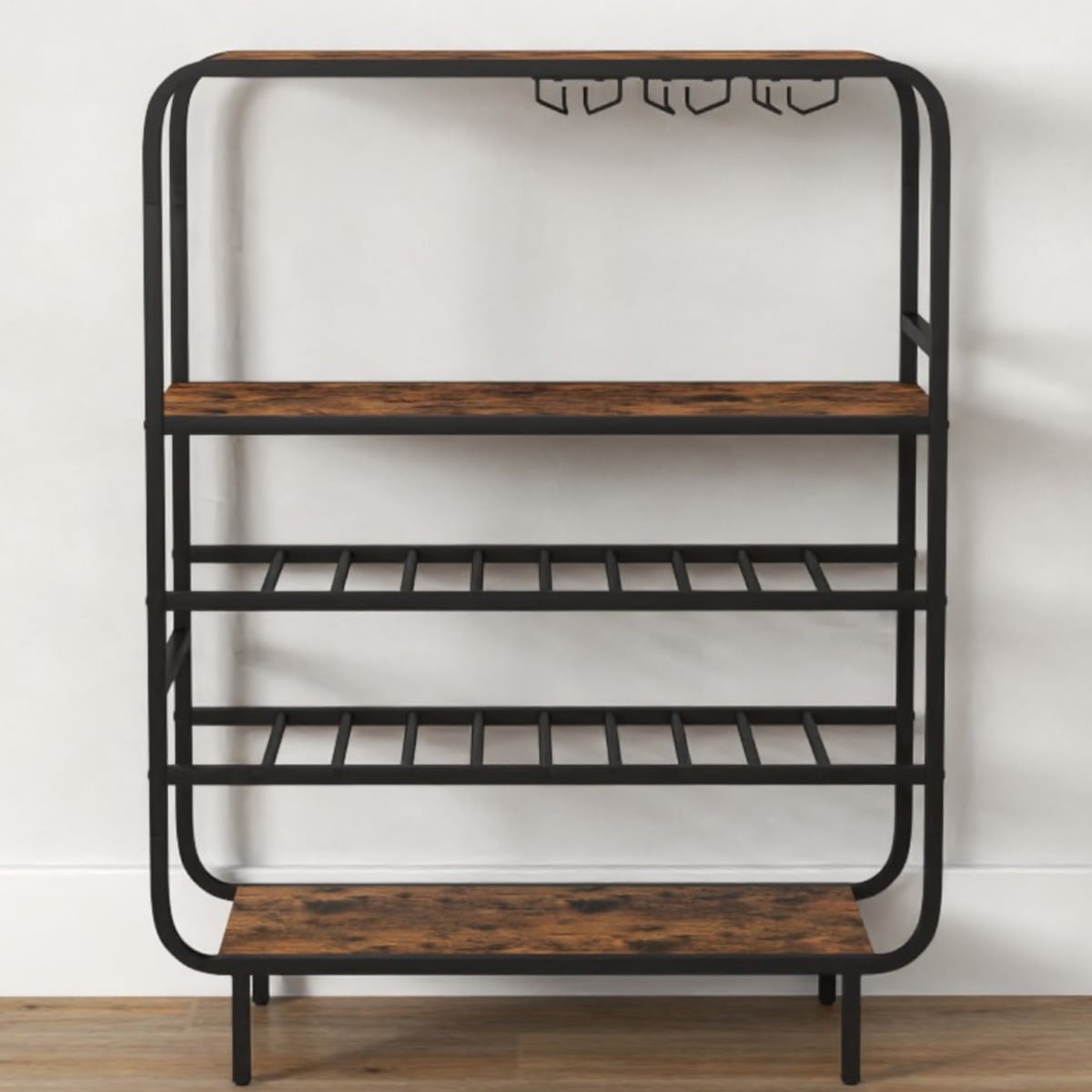 Freestanding Floor 5-Tier Wine Shelf with Glass Holders-Rustic Brown